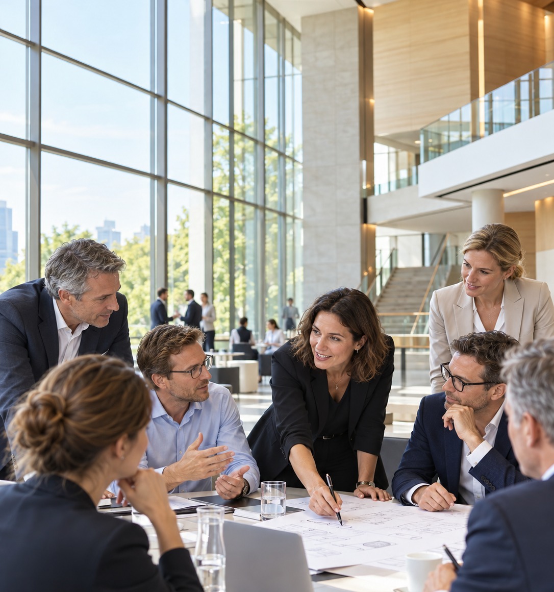 Menschen aus unterschiedlichen Unternehmensbereichen arbeiten gemeinsam an einem Tisch.